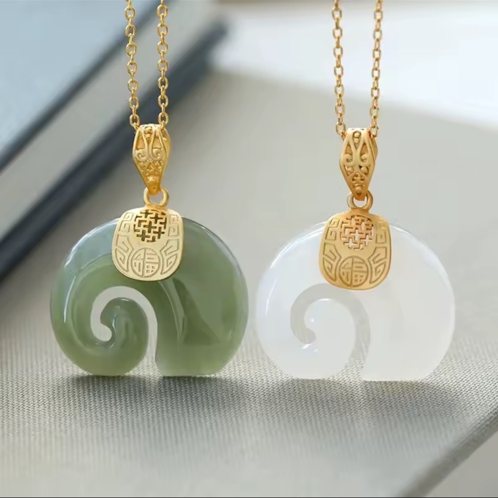 Natural Necklace Green Jade Elephant Pendant | 18K Gold Plated Chain Necklace - Picture 2 of 12